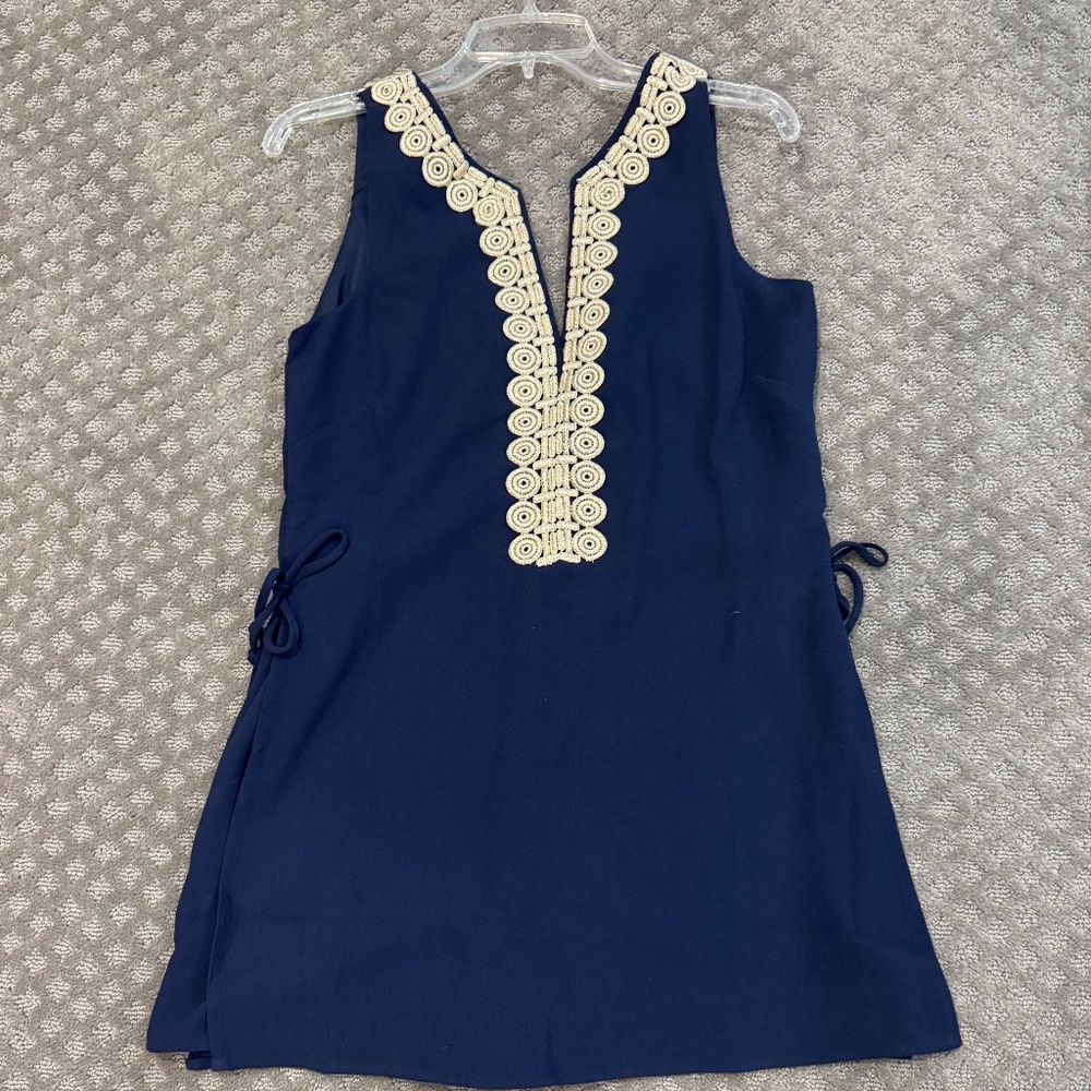 Lilly Pulitzer Donna True Navy Blue Gold Romper Jumpsuit Side Ties